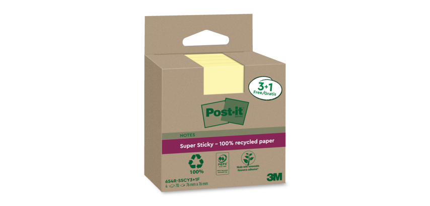 Memoblok 3M Post-it 654 RSSCOL 76x76mm geel 3+1 gratis