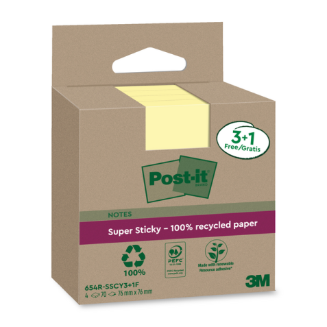 Memoblok 3M Post-it 654 RSSCOL 76x76mm geel 3+1 gratis