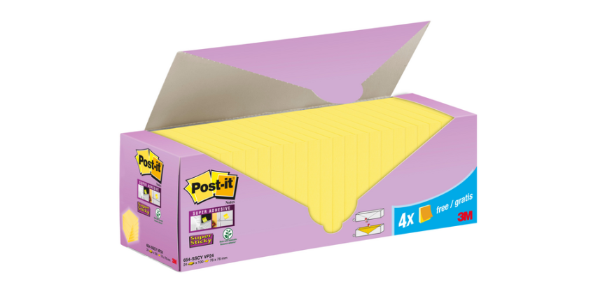 Notes 3M Post-it 654-SSCY Super Sticky 76x76mm jaune lot promo