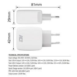 Chargeur ACT 20W 2 ports USB-A +USB-C blanc