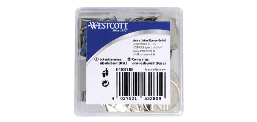 Attache-coins Westcott aluminium argenté boîte 100 pièces