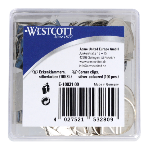 Attache-coins Westcott aluminium argenté boîte 100 pièces