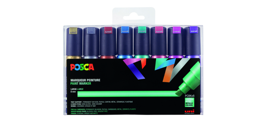 Marqueur peinture Posca PC8K Large biseau assorti métal set 8 pièces