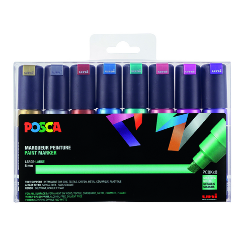 Marqueur peinture Posca PC8K Large biseau assorti métal set 8 pièces