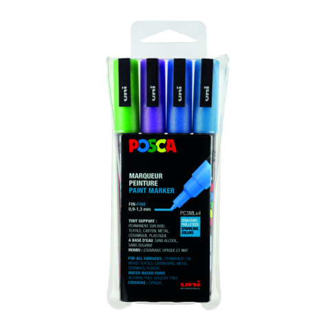 Marqueur peinture Posca PC3M Fin couleurs froides pailletées set 4 pièces