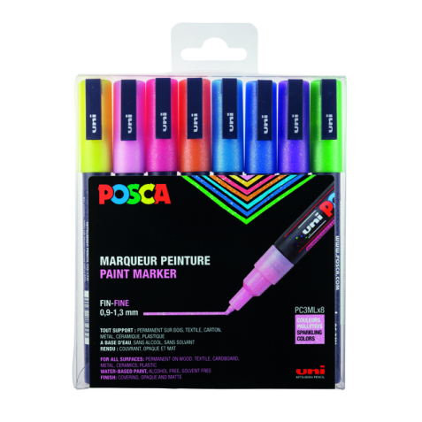 Marqueur peinture Posca PC3M Fin pastel pailleté set 8 pièces