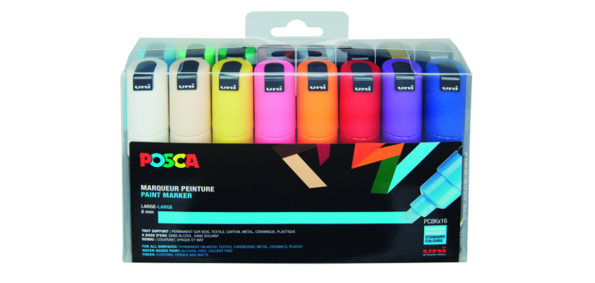 Marqueur peinture Posca PC8K Large biseau assorti set 16 pièces