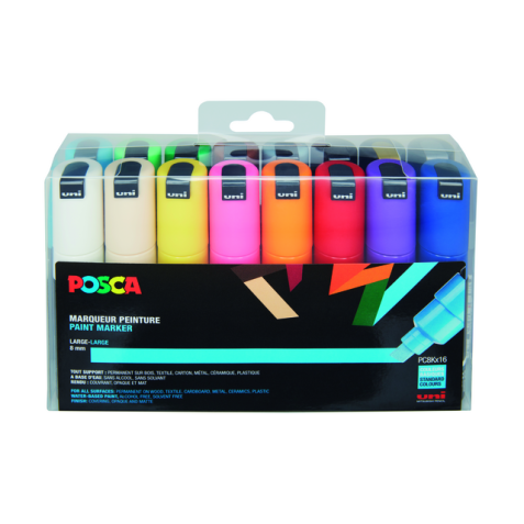 Verfstift Posca PC8K breed schuin assorti set à 16 stuks