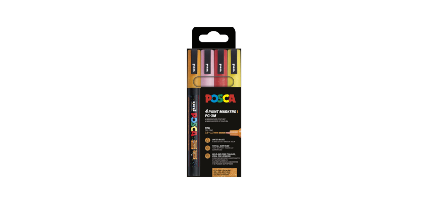 Marqueur peinture Posca PC3M Fin couleurs chaudes pailletées set 4 pièces