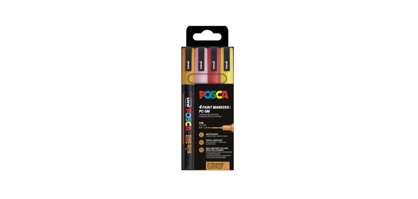 Marqueur peinture Posca PC3M Fin couleurs chaudes pailletées set 4 pièces