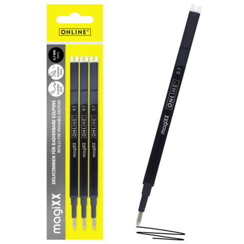 Recharge stylo gel Online Magixx 0,7mm noir blister 3 pièces