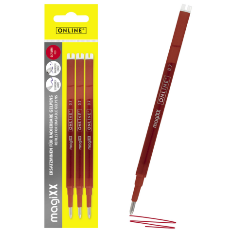 Recharge stylo gel Online Magixx 0,7mm rouge blister 3 pièces