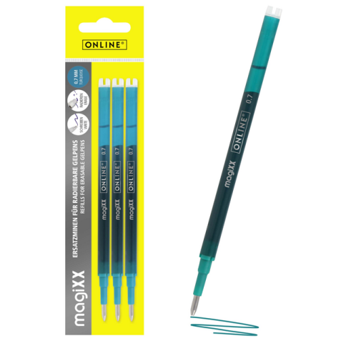 Recharge stylo gel Online MagiXX 0,7mm turquoise blister 3 pièces