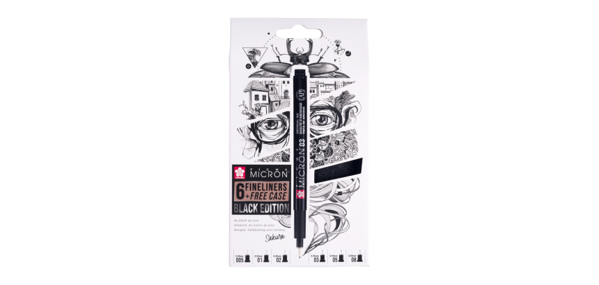 Fineliner Sakura Pigma Micron Black Edition set à 6 breedtes + gratis etui