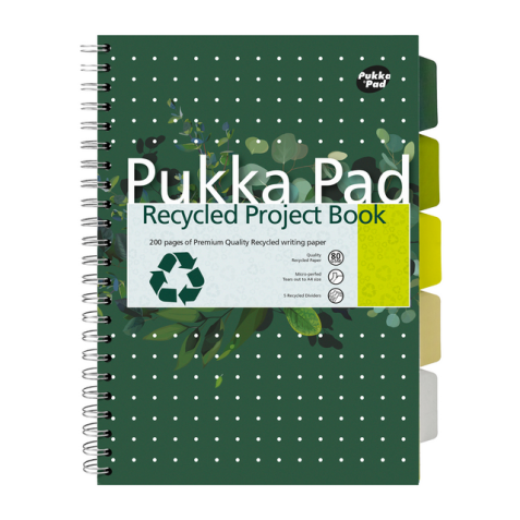 Carnet de projets Pukka Pad Recycled A4 ligné 5 intercalaires 4 perf 200 pages 80g vert