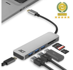 Hub ACT USB-C 3.0, 3x USB-A, lecteur de cartes, PD pass-through