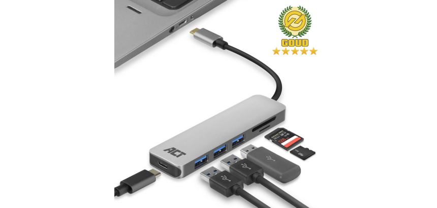 Hub ACT USB-C 3.0, 3x USB-A, lecteur de cartes, PD pass-through