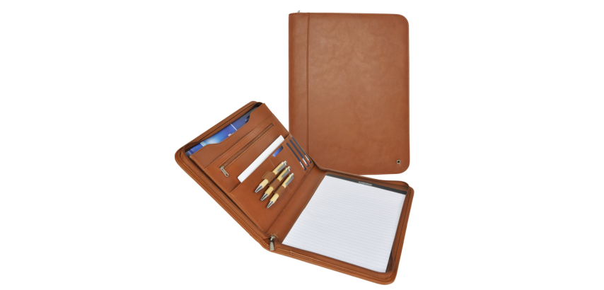 DESQ A4 faux leather zippered conference folder brown