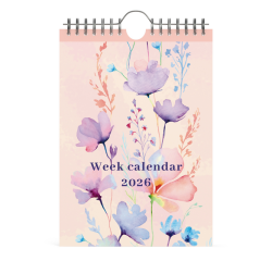 Calendrier hebdomadaire 2026 Lannoo 155x220 Flowers Watercolour 7jours/1 page rose