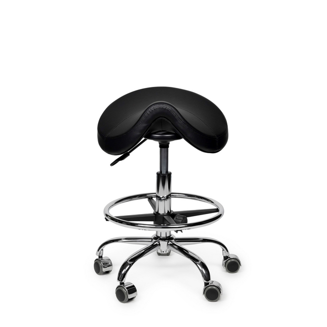 Zadelkruk Office Premium laag met voetring harde wielen zw