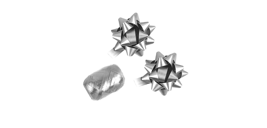 Polyband-Geschenkband + 2 silberne Rosetten