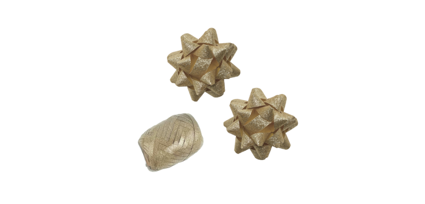 Polyband-Geschenkband + 2 glitzernde goldene Rosetten