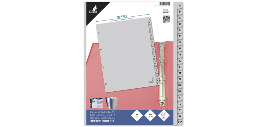 Kangaro Divider G420AZ-B A4 4 Holes 20 Tabs A-Z Large PP Gray