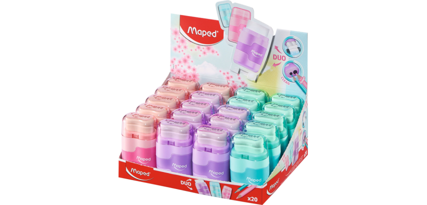 Taille-crayon Maped Connect avec gomme 2 trous présentoir 20 pièces pastel assorti