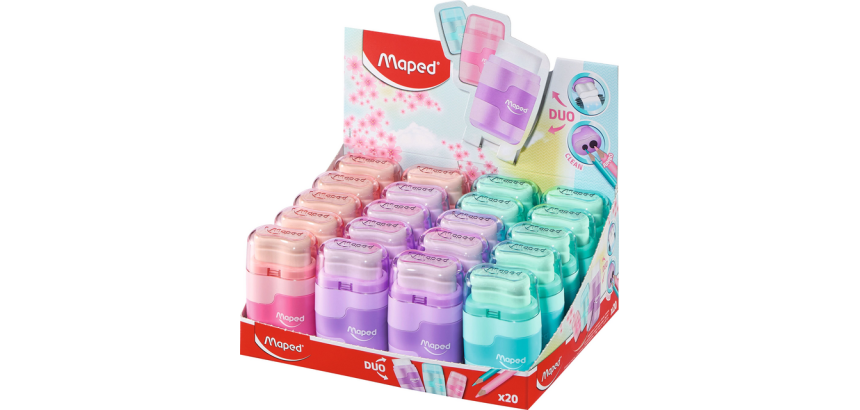 Maped Connect Pencil Sharpener with Eraser 2 Holes Display 20 Pieces Assorted Pastel