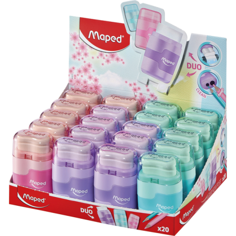 Puntenslijper Maped Connect 2gaats met gum display á 20 stuks pastel assorti