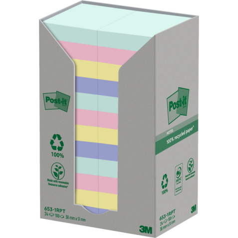 Memoblok Post-it 653-RPT 38x51mm rainbow pastel 24 stuks