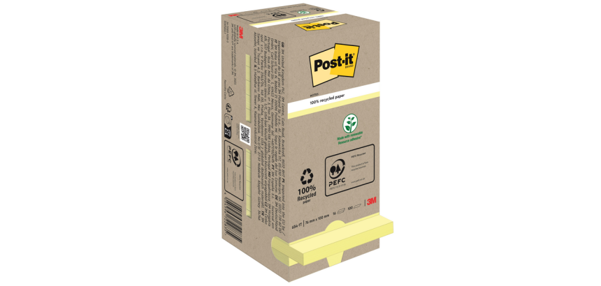 Memoblok Post-it 654 76x76mm recycled pastel geel 16 stuks