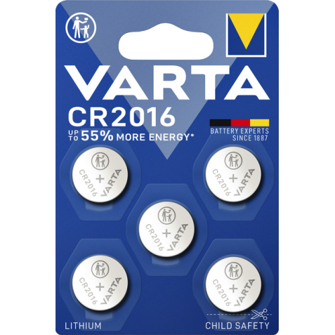 Pile bouton Varta CR2016 lithium blister 5 pièces