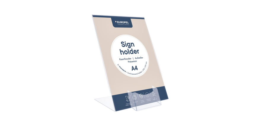 Présentoir de table Europel support L A4 portrait acrylique avec bac cartes de visite