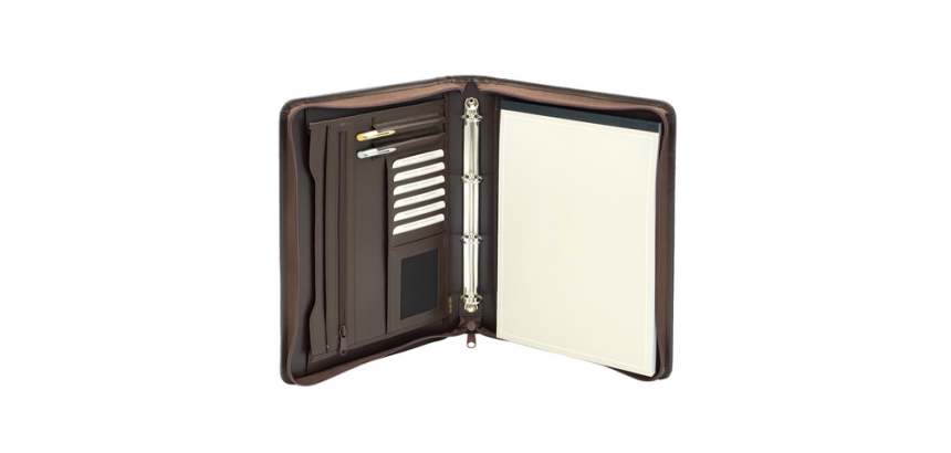 Schrijfmap van der Spek A4 4R 25mm O-mech met rits leer met nerf bruin