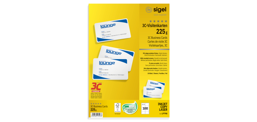 Sigel business cards 85x55mm plain 225g rounded corners white 100 pieces