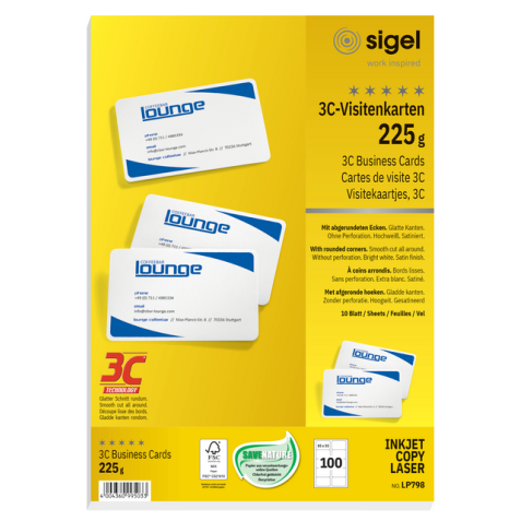 Cartes de visite Sigel 85x55mm uni 225g coins arrondis blanc 100 pièces