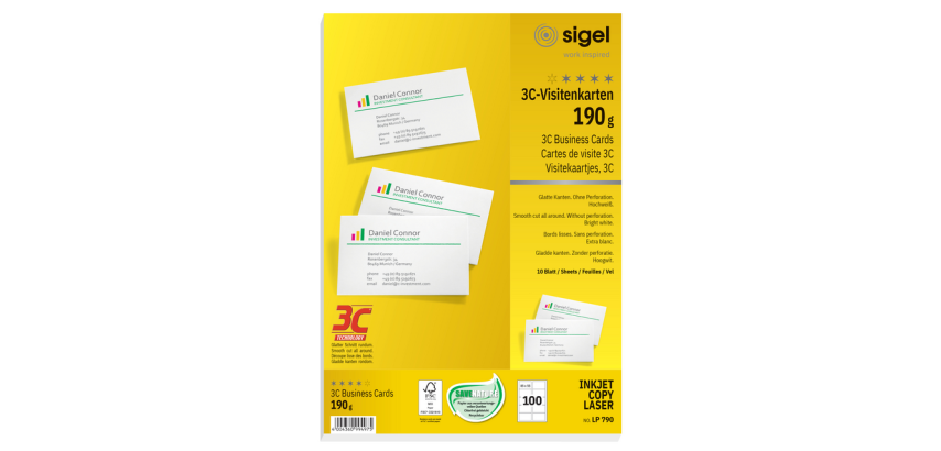 Cartes de visite Sigel 85x55mm uni 190g coins arrondis blanc 100 pièces