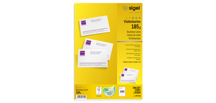 Cartes de visite Sigel 85x55mm uni 185g blanc 150 pièces