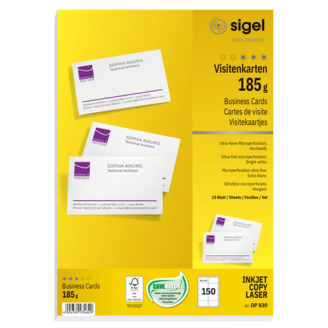 Visitekaart Sigel 85x55mm blanco 185gr wit 150 stuks