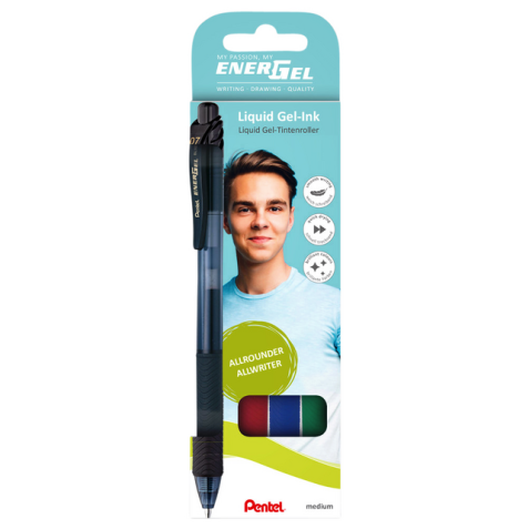 Roller gel Pentel Energel-X BL107 Medium noir-rouge-bleu-vert blister 4 pièces