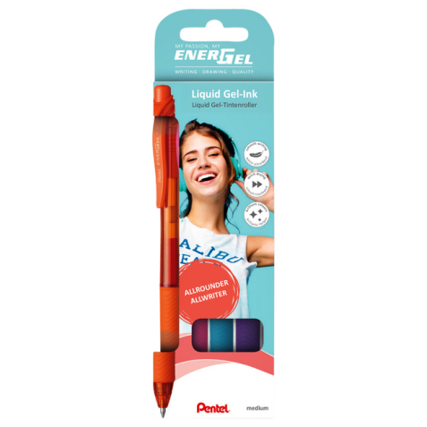 Roller gel Pentel Energel-X BL107 Medium orange-rose-bleu cliar- violet blister 4 pièces