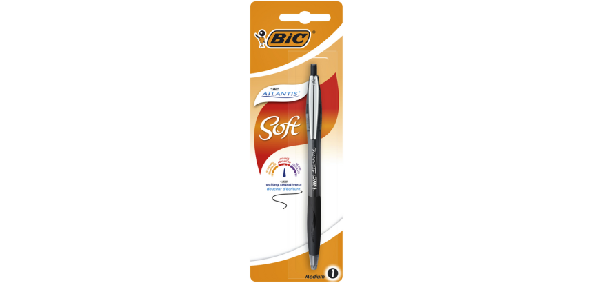 Stylo bille BIC Atlantis Soft Clip métal Clic Medium noir blister 1 pièce