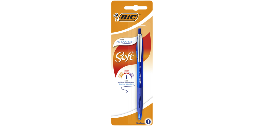 Stylo bille BIC Atlantis Soft Clip métal Clic Medium bleu blister 1 pièce
