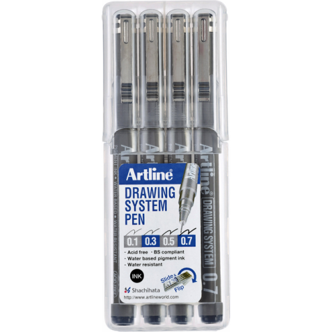 Fineliner Artline technisch etui met 0.1-0.3-0.5-0.7mm zwart