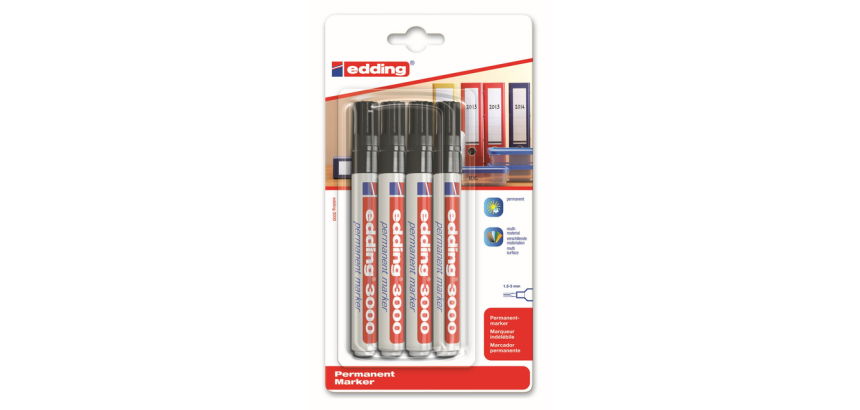edding 3000 chisel marker 1.5-3mm black blister pack of 4 pcs