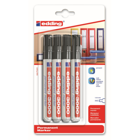 Marqueur Edding 3000 Pointe ogive 1,5-3mm noir blister 4pcs