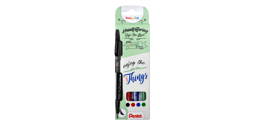 Pentel Sign Pen Brush Touch felt-tip pen, cardboard case with 4 pieces: black, blue, red, and green