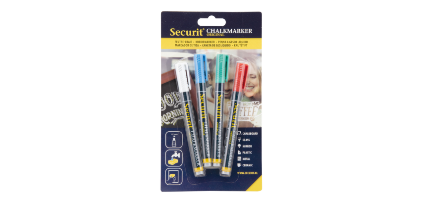 Krijtstift Securit SMA-100 rond 1-2mm wit/blauw/groen/rood blister à 4 stuks