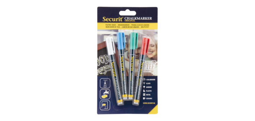 Krijtstift Securit SMA-100 rond 1-2mm wit/blauw/groen/rood blister à 4 stuks
